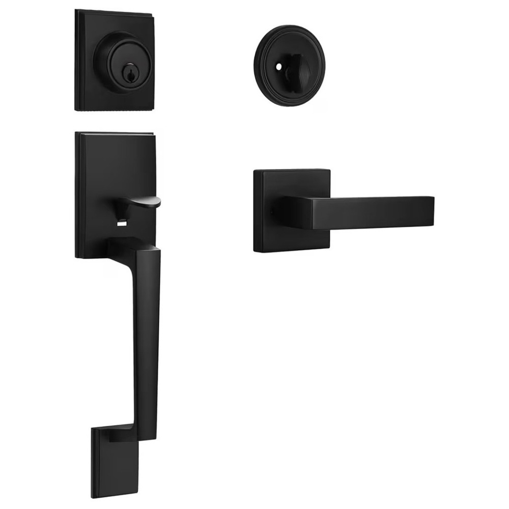 Front Door Handle Set with Deadbolt Matte Black Lockset Exterior Lever Reversibl